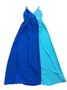 Color Block Blue Maxi Dress Spaghetti Straps Anthropologie Beach Coastal EUC S